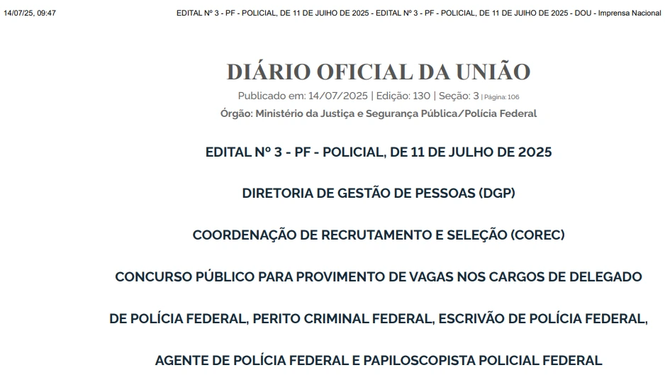 Concurso PF 2025: Publicada a convocação para as provas! 1 Edital de convocação para as provas do concurso PF 2025
