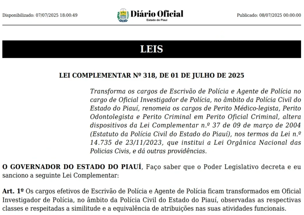 Concurso PC PI é iminente! Cargo de Oficial Investigador é criado! 1 criação do cargo de Oficial Investigador de Polícia do concurso PC PI