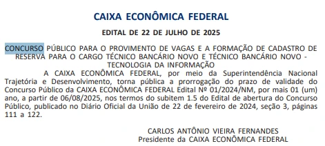 publicação realizada no Diário Oficial da União sobre a prorrogação do concurso Caixa