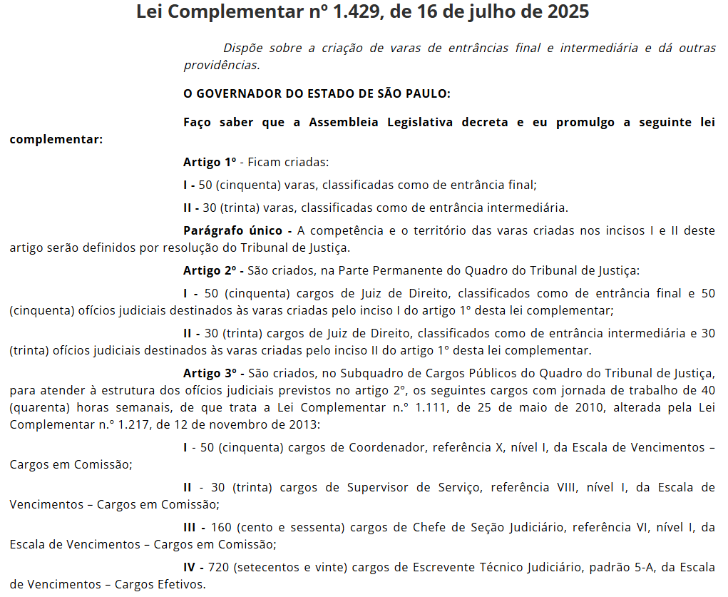Concurso TJ SP: Lei que cria 720 cargos de Escrevente é promulgada! 1 lei complementar concurso tj sp