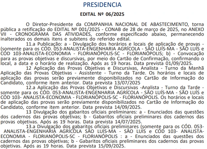 Nova retificação e alteração no cronograma do concurso Conab
