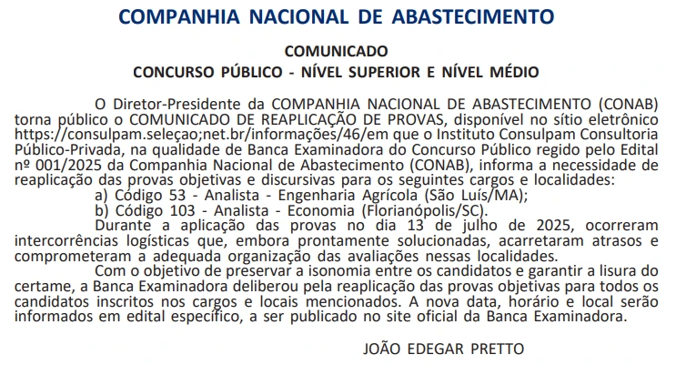 publicação oficial sobre a reaplicação das provas do concurso Conab