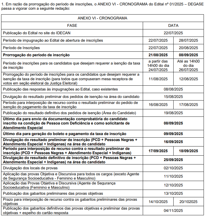 Concurso Degase com 3 mil vagas tem inscrições prorrogadas! 2 Novo cronograma do concurso Degase