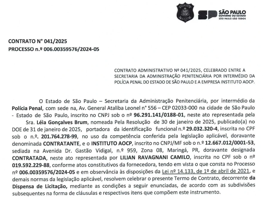 Contrato com a banca do concurso Penal SP