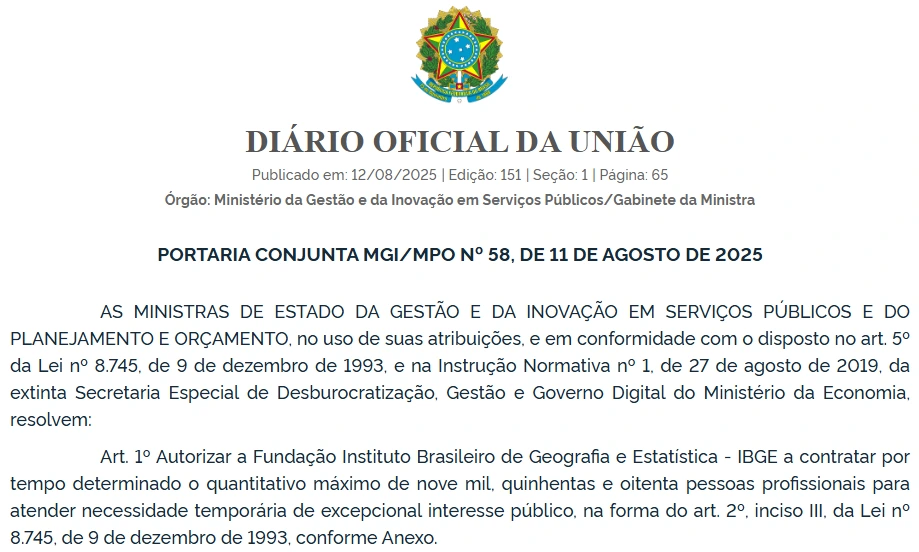 Publicação oficial de autorização do PSS IBGE 2025