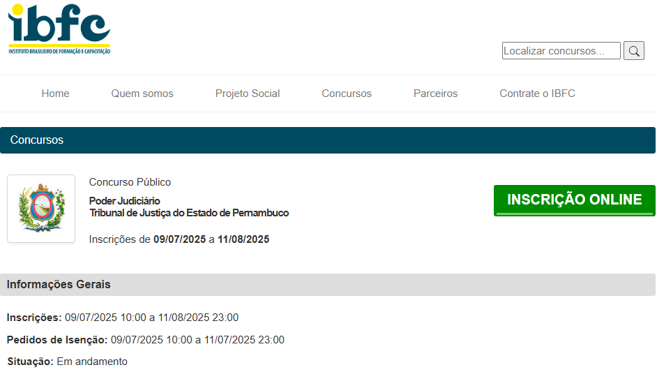 Página inicial para inscrição no concurso TJ PE