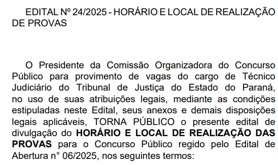 Edital de convocação para as provas do concurso TJ PR