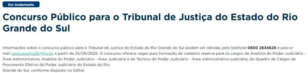 Página oficial do concurso TJ RS no site da banca FGV