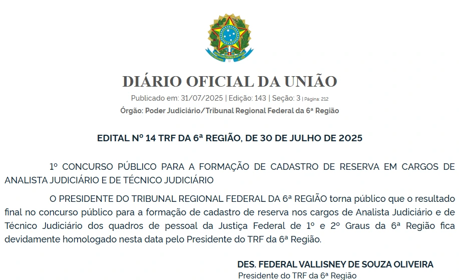 Concurso TRF6: Resultado final é homologado! 1 Documento de homologação do concurso TRF6