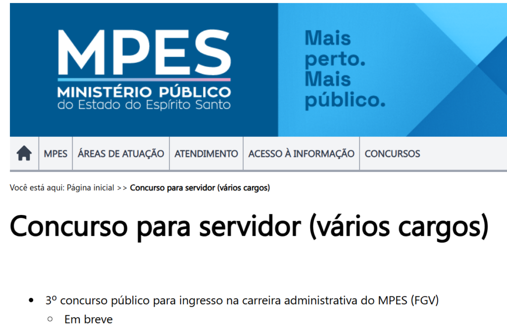Concurso MP ES: FGV é a banca! Edital iminente! 1 publicação no site do ministério público do espirito santo do concurso mp es