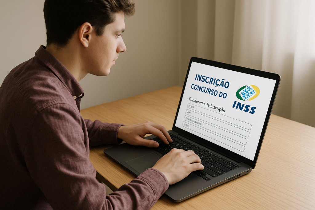Inscrição no concurso INSS! Guia completo! 1 Imagem gerada por IA/ Candidato se inscrevendo no concurso INSS