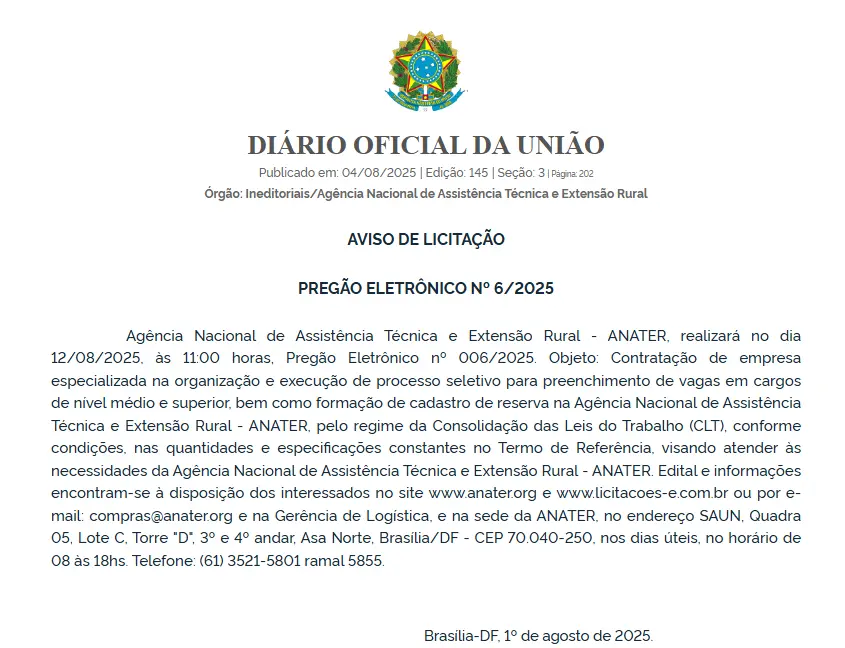 Concurso Anater: Banca em definição! Edital a caminho! 1 Banca do concurso Anater em definição!