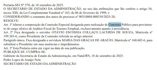 Comissão organizadora do concurso Sefaz RN sofre alteração!