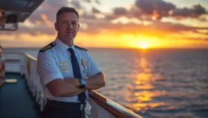 Oficial da Marinha em deck de navio, ao fundo por do Sol e oceano. CIAGA