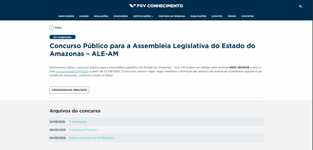 Print página de inscrição do concurso Aleam no site da FGV.