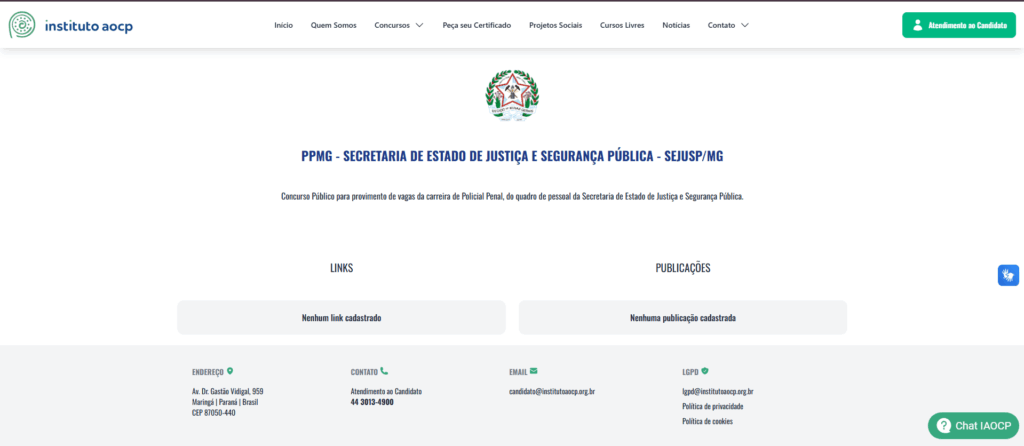 Imagem site Instituto AOCP, página concurso Polícia Penal MG.