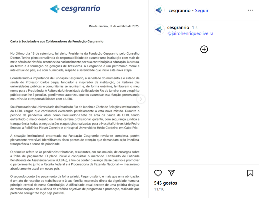 Concurso Banco do Brasil 2025 - Declaração do presidente da cesgranrio
