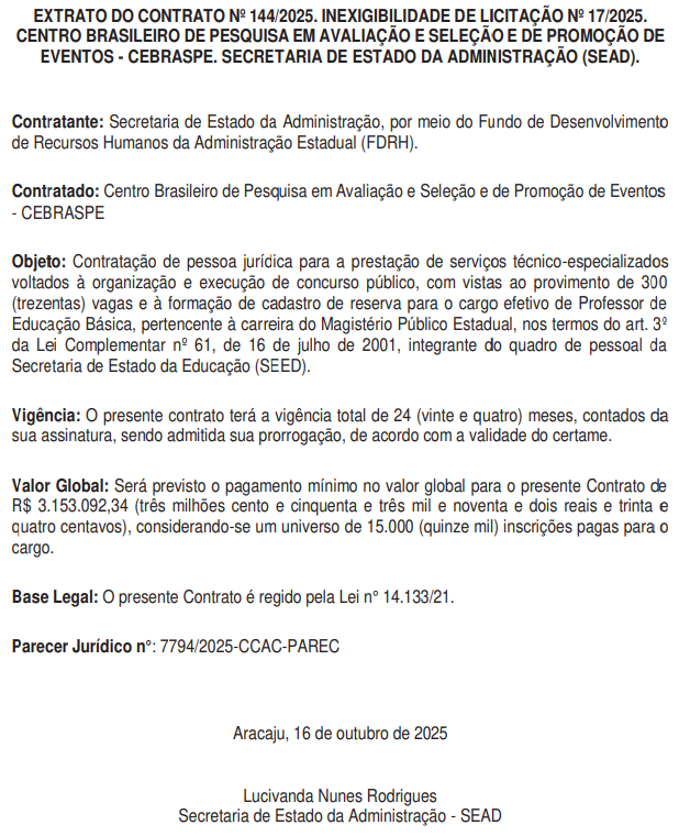Concurso Seduc SE: Cebraspe é a banca! Edital iminente! 1 Concurso Seduc SE Contrato com a banca Cebraspe