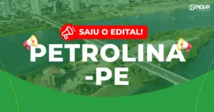 Dito pelo ChatGPT: Imagem aérea da cidade de Petrolina com destaque para a ponte sobre o Rio São Francisco e o texto “Saiu o edital! Concurso Petrolina-PE”.