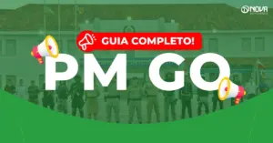 Imagem com policiais em frente a prédio da corporação e o texto “Guia completo! Concurso PM-GO”.