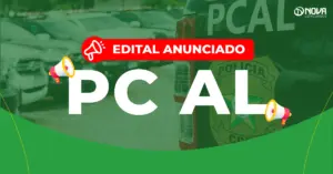 Concurso PC AL: Edital anunciado! 300 vagas! 1 Imagem com viaturas da Polícia Civil de Alagoas e o texto “Edital anunciado! Concurso PC AL”.