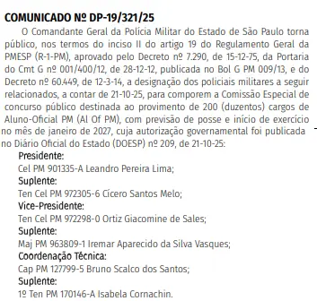 Comissão organizadora do concurso PM SP Oficial
