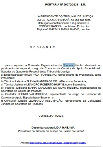 Concurso TJ PR tem comissão formada para novo edital de Contador! 1 comissão do concurso TJ PR