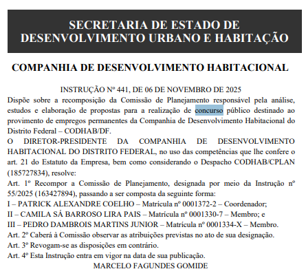 Concurso Codhab 2026: Nova comissão formada! Edital em breve! 1 Comissão organizadora do concurso Codhab 2026!