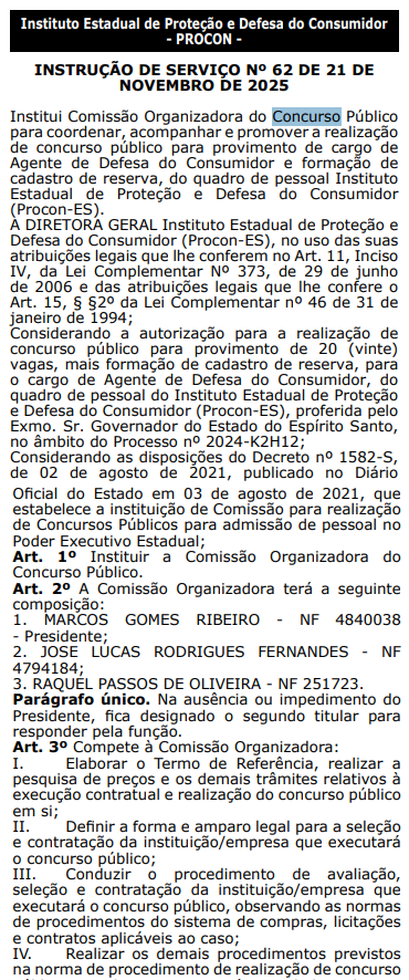 Concurso Procon ES: Comissão formada! 20 vagas! 1 Comissão organizadora do concurso Procon ES!