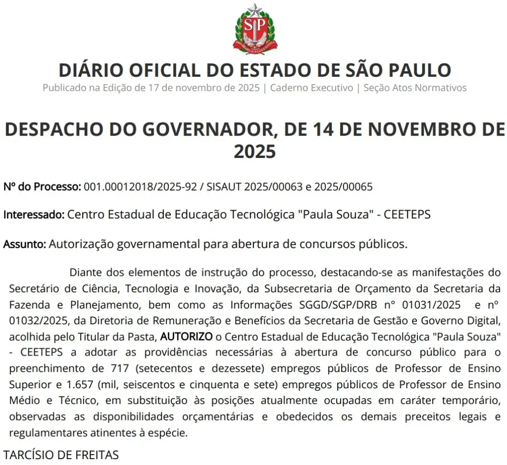 Concurso Ceeteps SP: Edital autorizado! 2.374 vagas! 1 Concurso Ceeteps SP Autorização