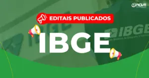 Imagem do logotipo do IBGE (Instituto Brasileiro de Geografia e Estatística) em uma fachada, com um funcionário usando um colete com o mesmo logotipo. - Concurso IBGE 2025
