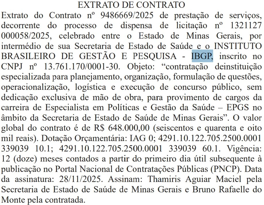 Concurso SES MG Extrato De Contrato