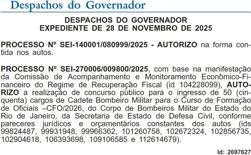 Concurso CBMERJ: governo autoriza novo edital com 50 vagas para Oficial! 1 Concurso CBMERJ Autorização