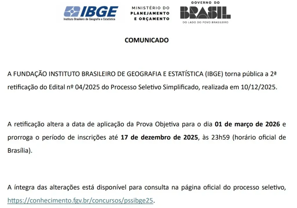 Concurso IBGE tem inscrições prorrogadas e nova data para as provas! 1 Concurso IBGE Comunicado
