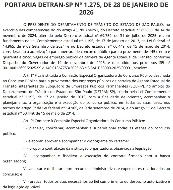 Concurso Detran SP 2026: Comissão formada! 145 vagas! 1 concurso detran sp 2026 comissão