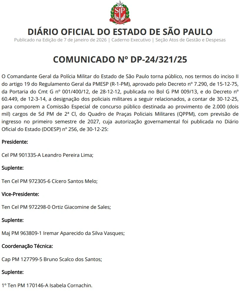 Concurso PM SP 2026: Comissão formada! 2.000 vagas! 1 concurso pm sp comissão formada