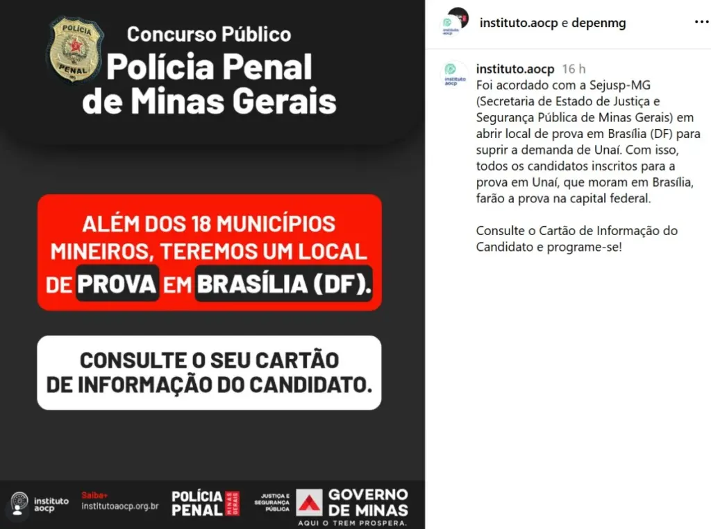 Concurso Polícia Penal MG tem locais de prova divulgados para 149 mil candidatos! 1 concurso polícia penal mg provas df