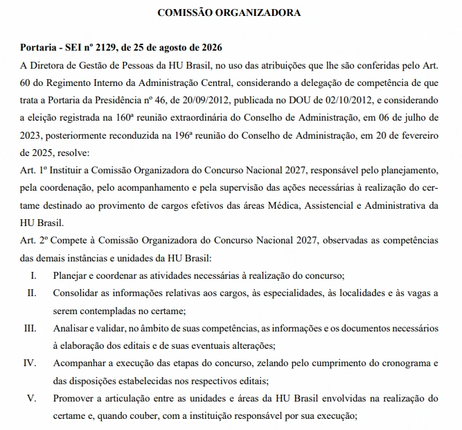 portaria divulgada institui comissao organizadora do concurso ebserh