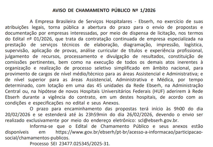 Concurso Ebserh 2026: iniciados preparativos para novo edital! 1 Chamamento público do concurso EBSERH