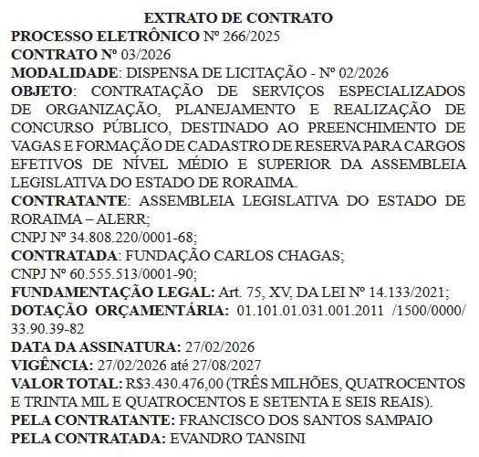 Extrato de contrato do concurso ALE RR com a banca organizadora FCC.