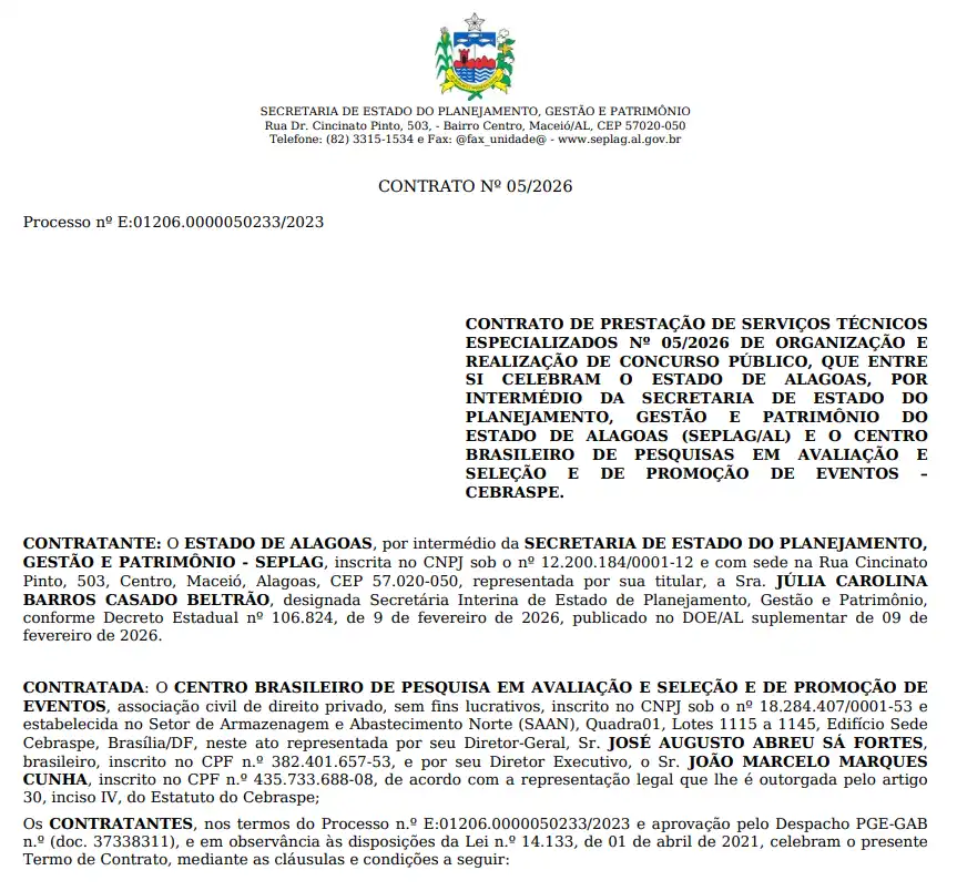 Contrato entre concurso PM AL e banca Cebraspe