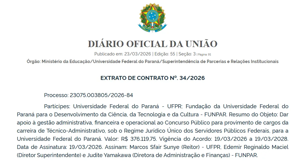 Novo Concurso UFPR será organizado pela FUNPAR, confira! 1 Extrato de contrato publicado entre o concurso UFPR e a banca organizadora FUNPAR