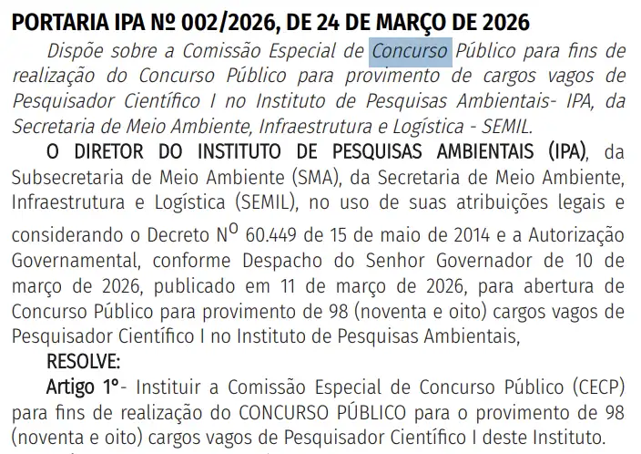 Concurso IPA SP: Formada a comissão organizadora! 98 vagas! 1 Concurso IPA SP