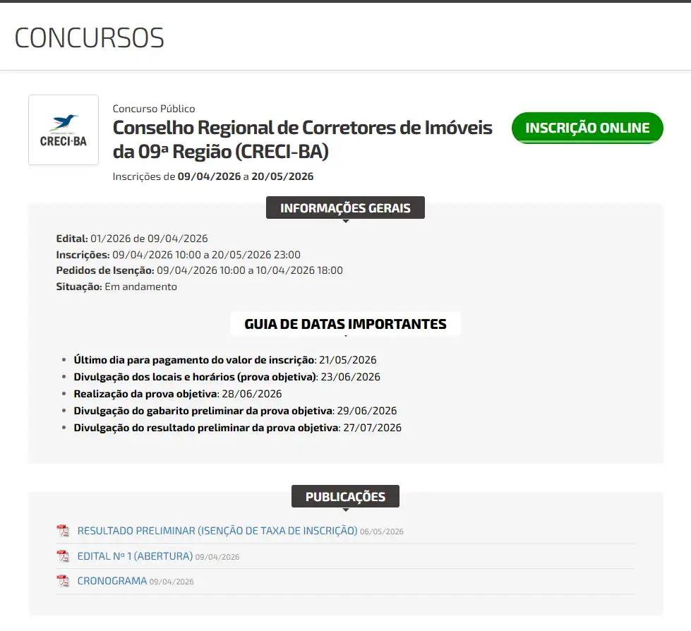 Passo a passo para fazer a inscrição no concurso Creci BA! 1 concurso creci ba