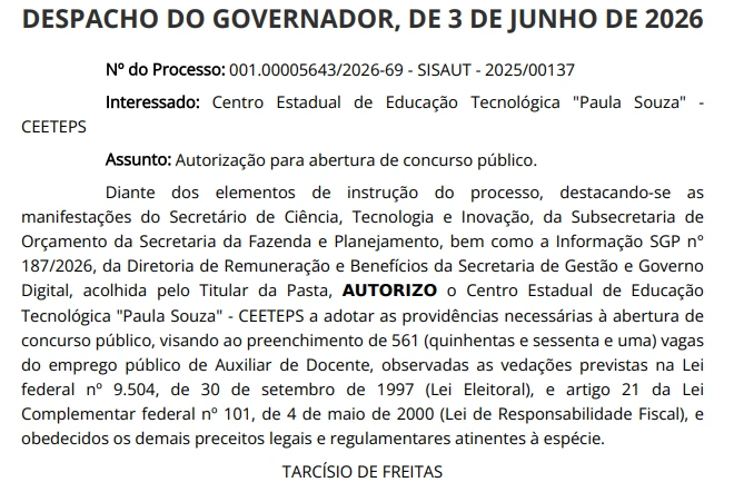 Concurso Ceeteps tem nova autorização para 561 vagas de Auxiliar Docente! 1 Concurso Ceeteps