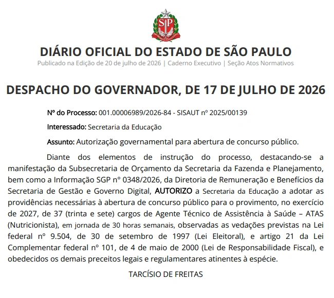 Concurso SEE SP: Edital autorizado para Nutricionista! 37 vagas! 1 Concurso SEE SP