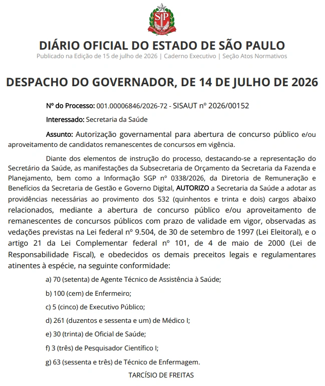 Concurso SES SP: Edital autorizado! 532 vagas para 7 carreiras! 1 Concurso SES SP