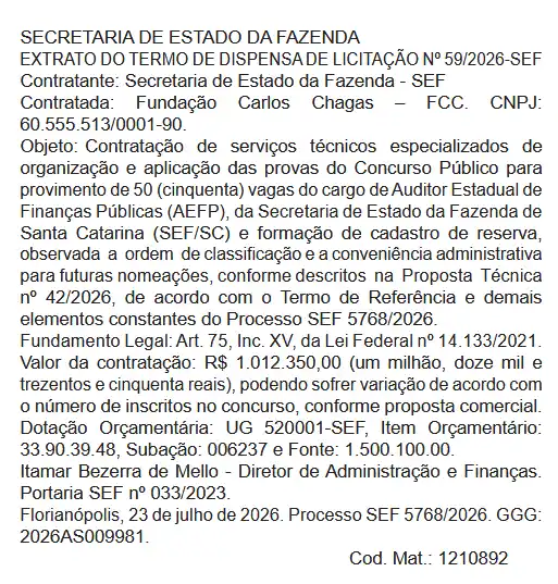 Concurso Sefaz SC: FCC será a banca organizadora! 1 concurso sefaz sc