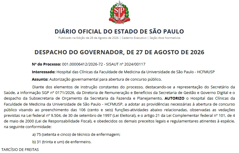Concurso HCFMUSP: 106 vagas Autorizadas para níveis médio e superior! 1 concurso-hcfmusp-autorizacao-despacho