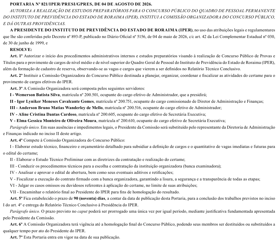 Concurso IPER RR: Autorizado! Comissão organizadora definida! 1 Concurso IPER RR